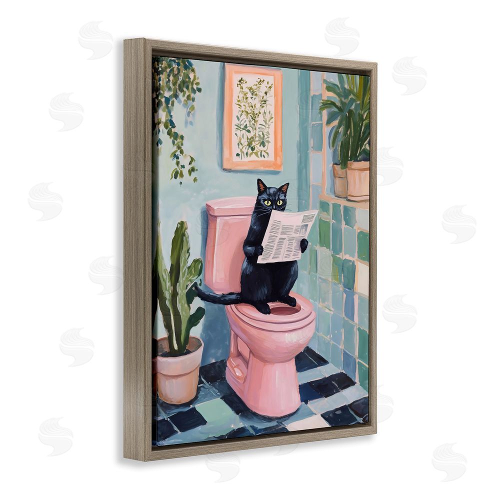 The Prints Vibe Cat Reading on Pink Toilet Brown Floating Frame Stretched Canvas Wall Art Print