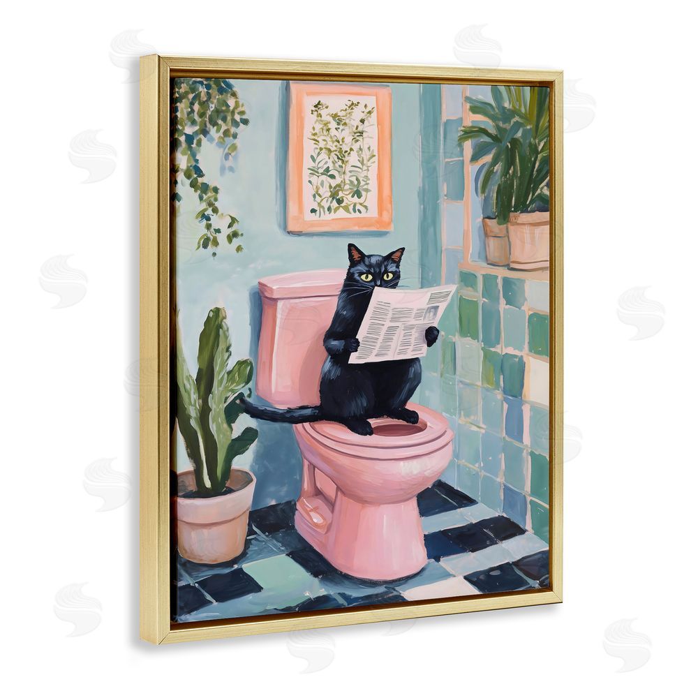 The Prints Vibe Cat Reading on Pink Toilet Gold Floating Frame Stretched Canvas Wall Art Print