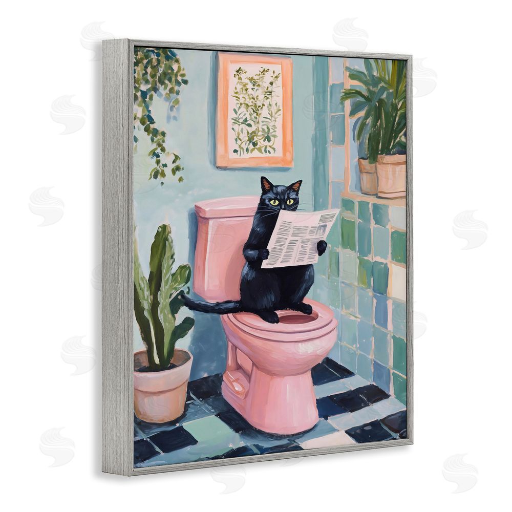 The Prints Vibe Cat Reading on Pink Toilet Gray Framed Giclee Wall Art Print