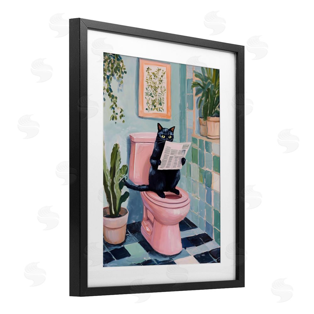 The Prints Vibe Cat Reading on Pink Toilet Black Framed Print Under Glass with Matting Wall Art