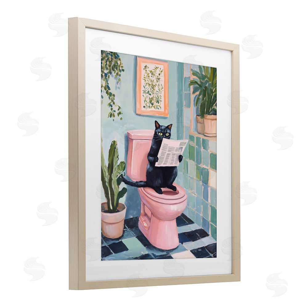 The Prints Vibe Cat Reading on Pink Toilet Brown Framed Print Under Glass with Matting Wall Art