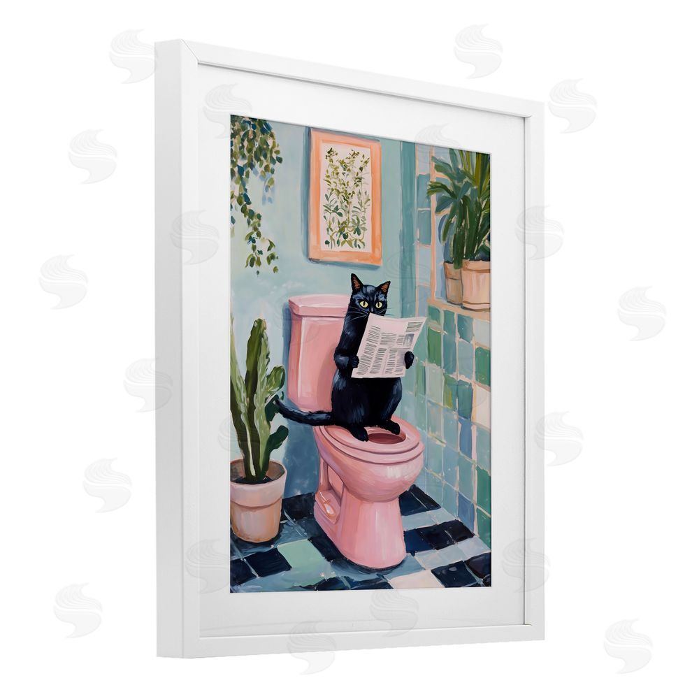 The Prints Vibe Cat Reading on Pink Toilet White Framed Print Under Glass with Matting Wall Art