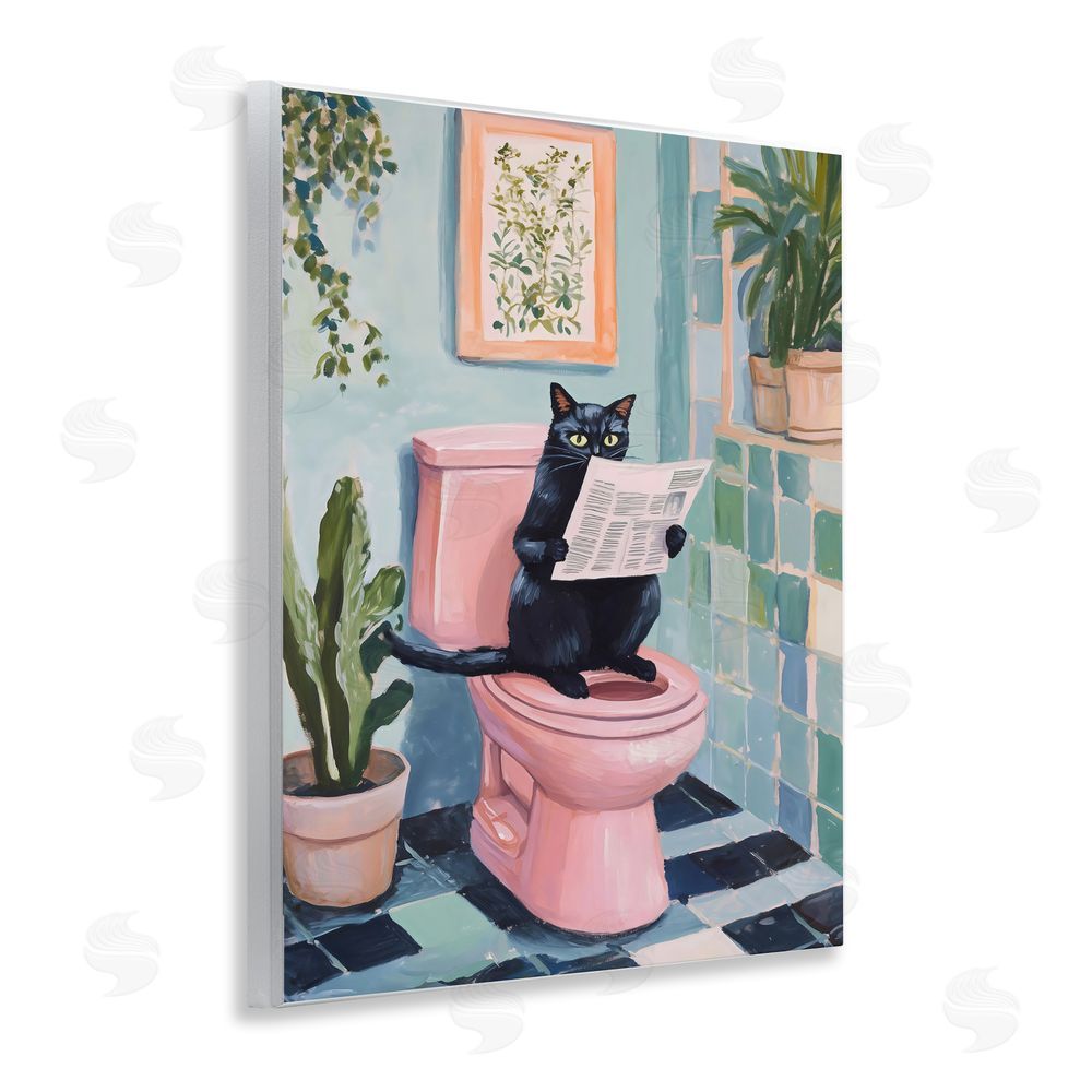 The Prints Vibe Cat Reading on Pink Toilet Wall Plaque Art Print with White Foil Wrap