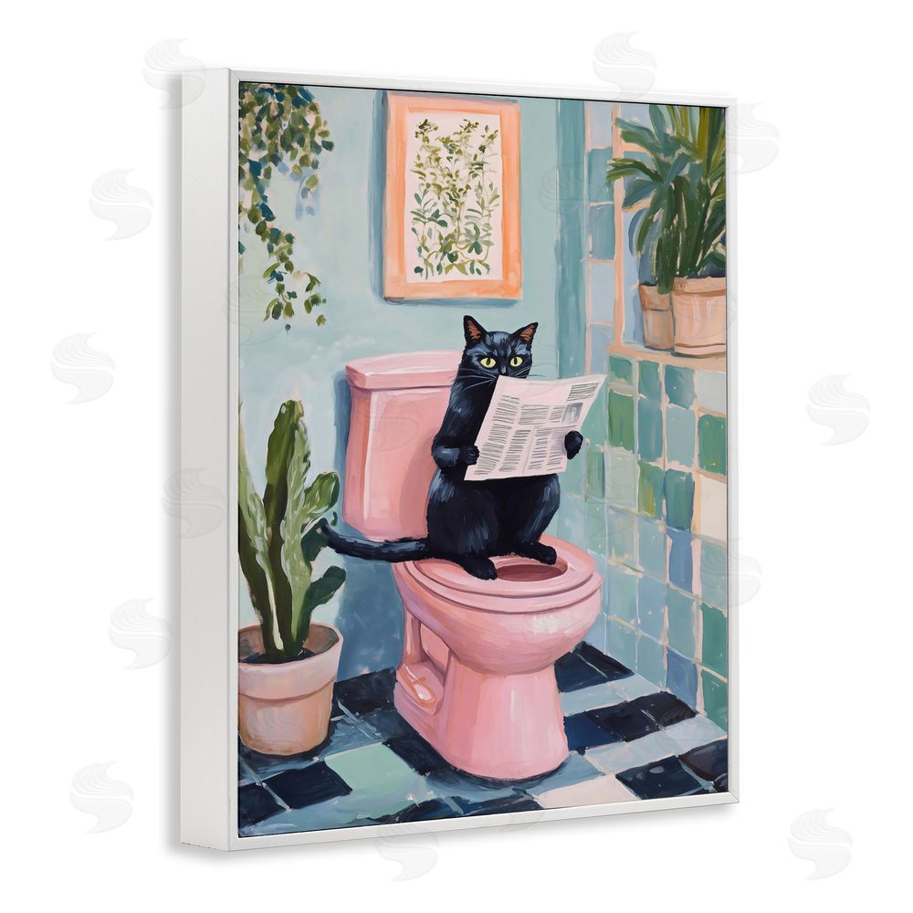 The Prints Vibe Cat Reading on Pink Toilet White Framed Giclee Wall Art Print