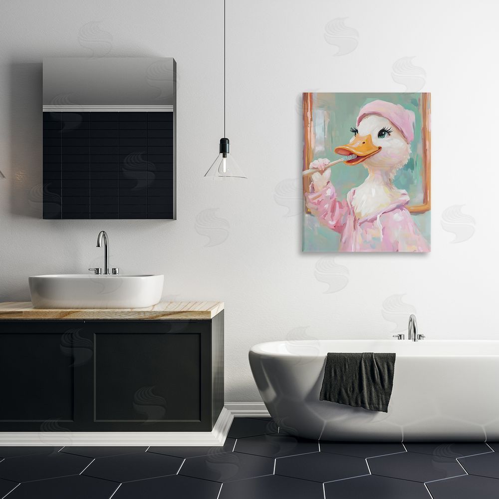 The Prints Vibe Duck Brushing Teeth Stretched Canvas Wall Art in Room