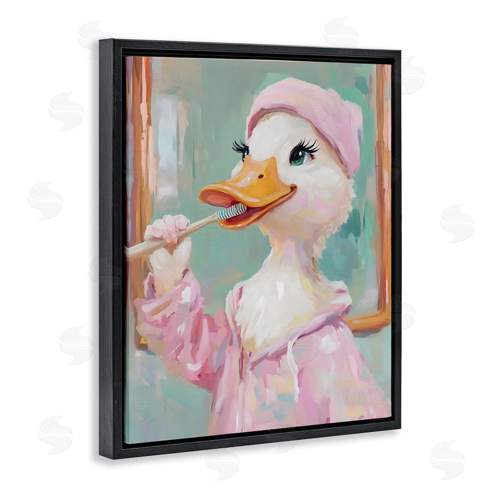 The Prints Vibe Duck Brushing Teeth Black Floating Frame Canvas Wall Art Print