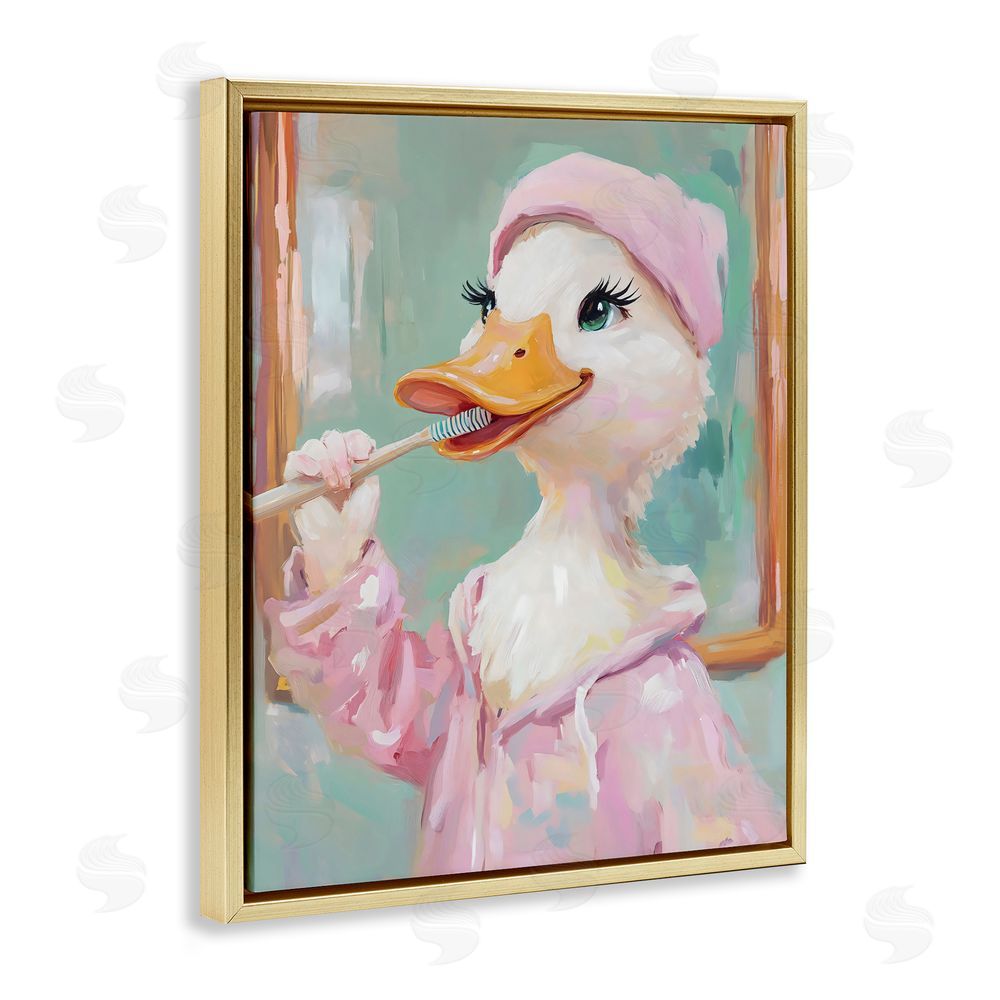 The Prints Vibe Duck Brushing Teeth Gold Floating Frame Canvas Wall Art Print