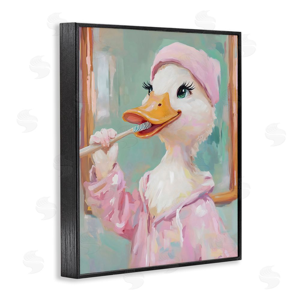 The Prints Vibe Duck Brushing Teeth Black Framed Giclee Wall Art Print