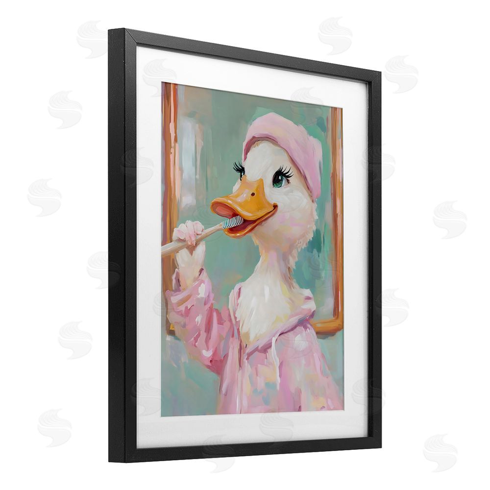 The Prints Vibe Duck Brushing Teeth Black Framed Print Under Glass Wall Art