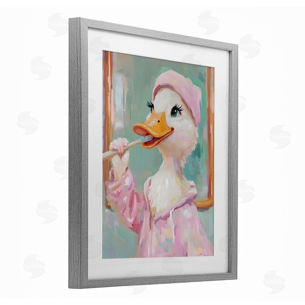 The Prints Vibe Duck Brushing Teeth Gray Framed Print Under Glass Wall Art
