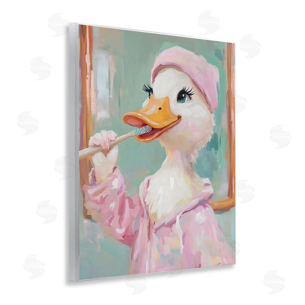 The Prints Vibe Duck Brushing Teeth Wall Plaque with Fixed Lithograph Print