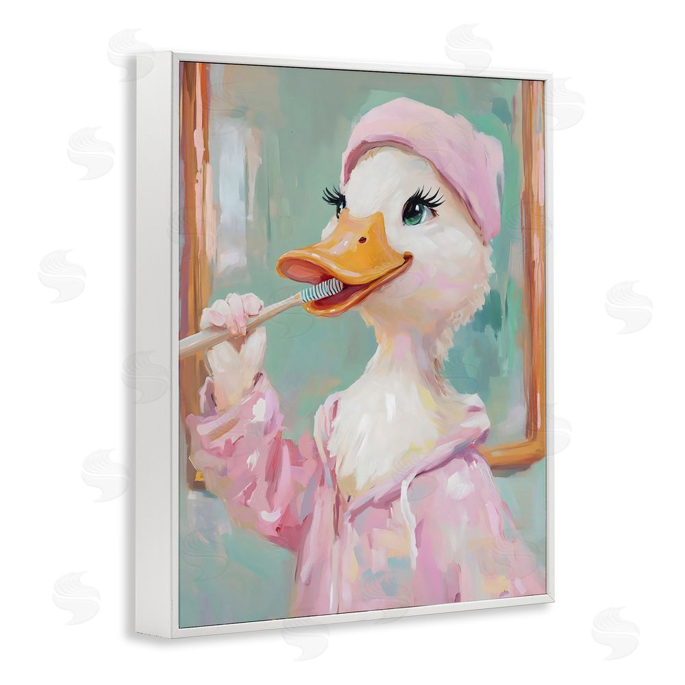 The Prints Vibe Duck Brushing Teeth White Framed Giclee Wall Art Print