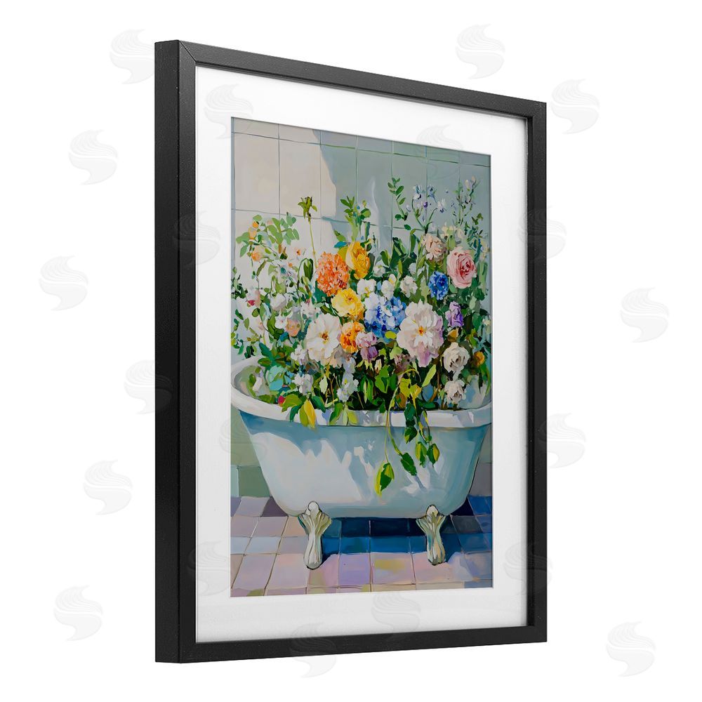 The Prints Vibe Vintage Bathtub Bouquet Overgrowth Black Framed Print Under Glass with White Mat Wall Art