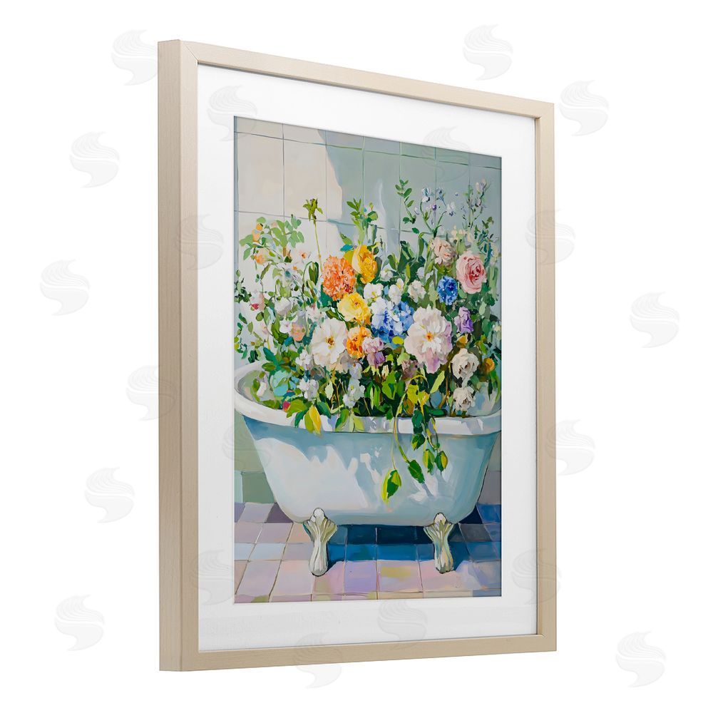 The Prints Vibe Vintage Bathtub Bouquet Overgrowth Brown Framed Print Under Glass with White Mat Wall Art