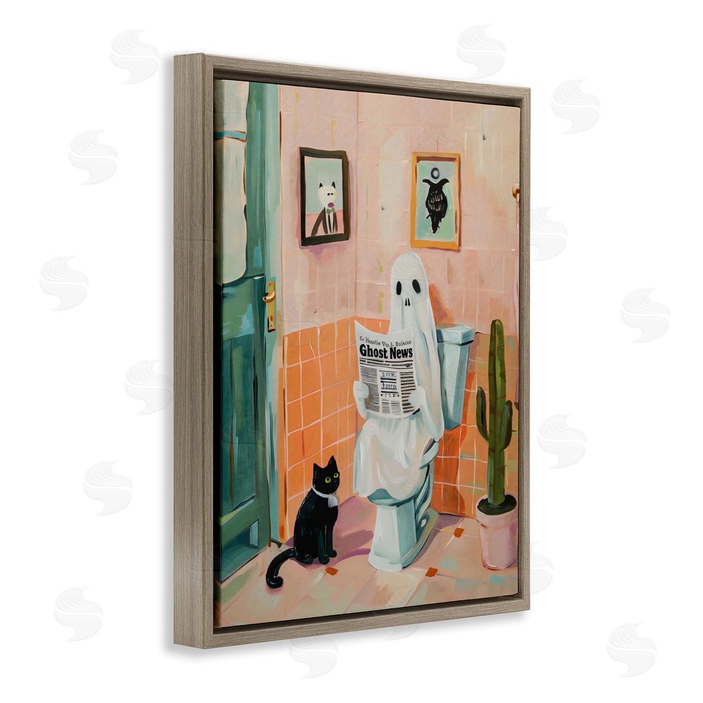 The Prints Vibe Ghost Reading Newspaper Brown Floating Framed Canvas Wall Art
