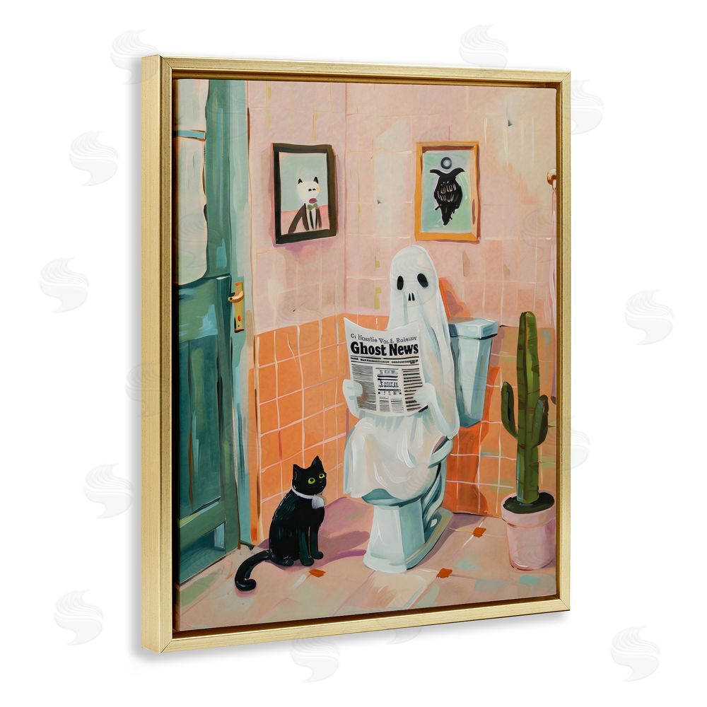 The Prints Vibe Ghost Reading Newspaper Gold Floating Framed Canvas Wall Art