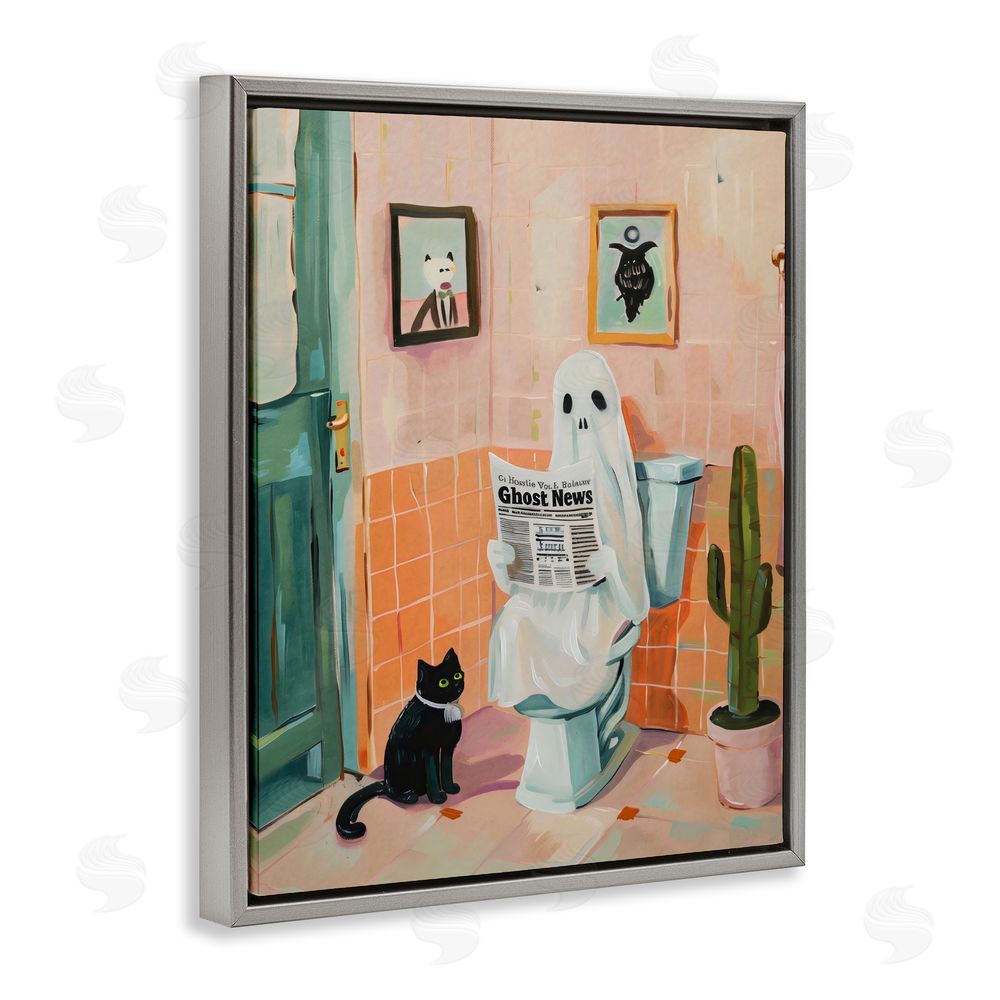 The Prints Vibe Ghost Reading Newspaper Gray Floating Framed Canvas Wall Art