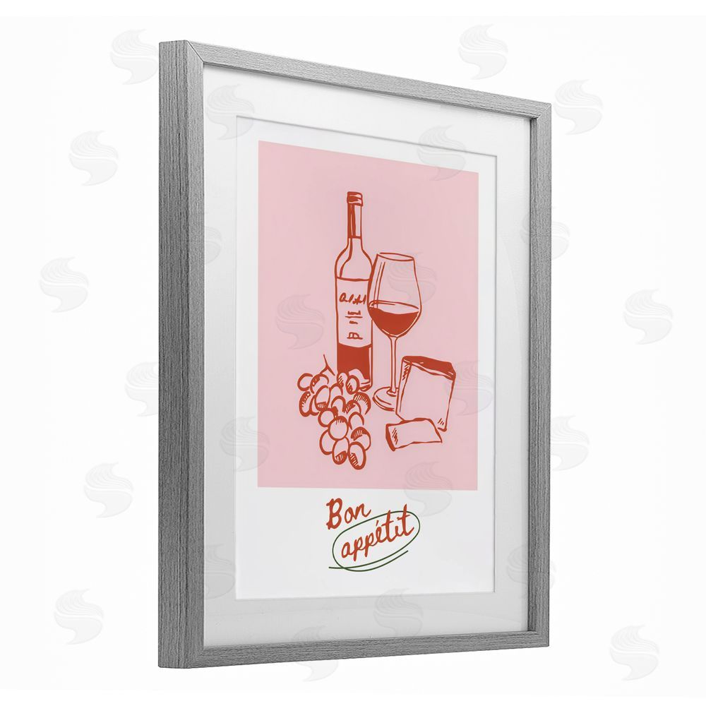 The Prints Vibe Bon Appetit Wine & Grapes Gray Framed Print Under Glass with Matting Wall Art