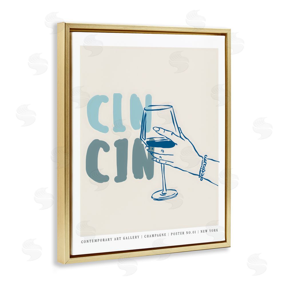 The Prints Vibe Cin Cin Blue Champagne Toast Gold Floating Frame Canvas Wall Art Print