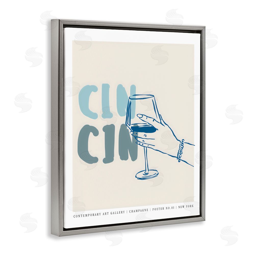 The Prints Vibe Cin Cin Blue Champagne Toast Gray Floating Frame Canvas Wall Art Print