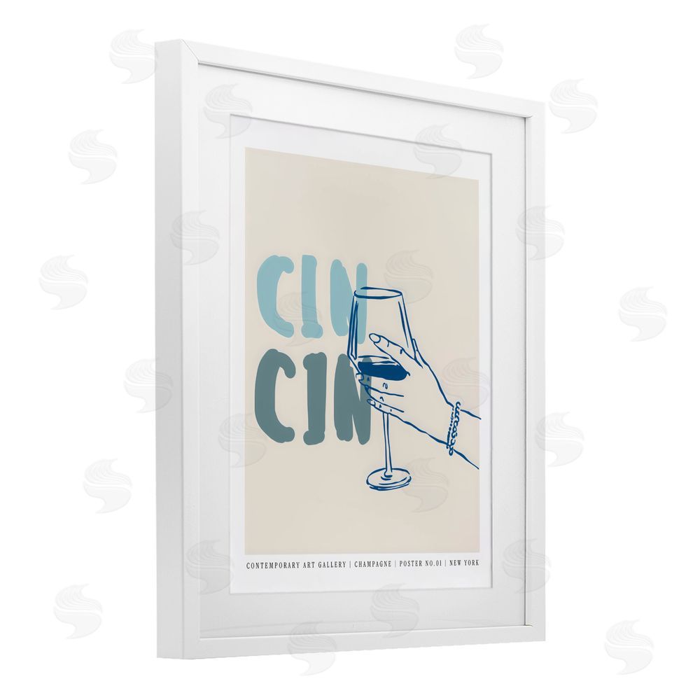 The Prints Vibe Cin Cin Blue Champagne Toast White Framed Print Under Glass Wall Art