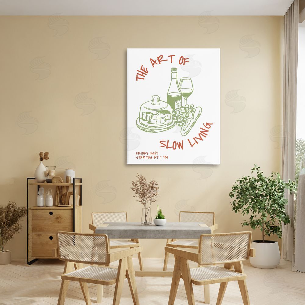 The Prints Vibe Slow Living Wine & Cheese Stretched Canvas on Wall