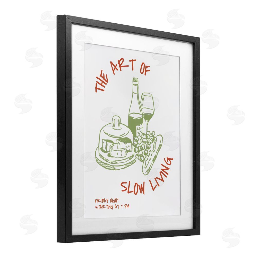 The Prints Vibe Slow Living Wine & Cheese Black Framed Print Under Glass with White Mat Wall Art