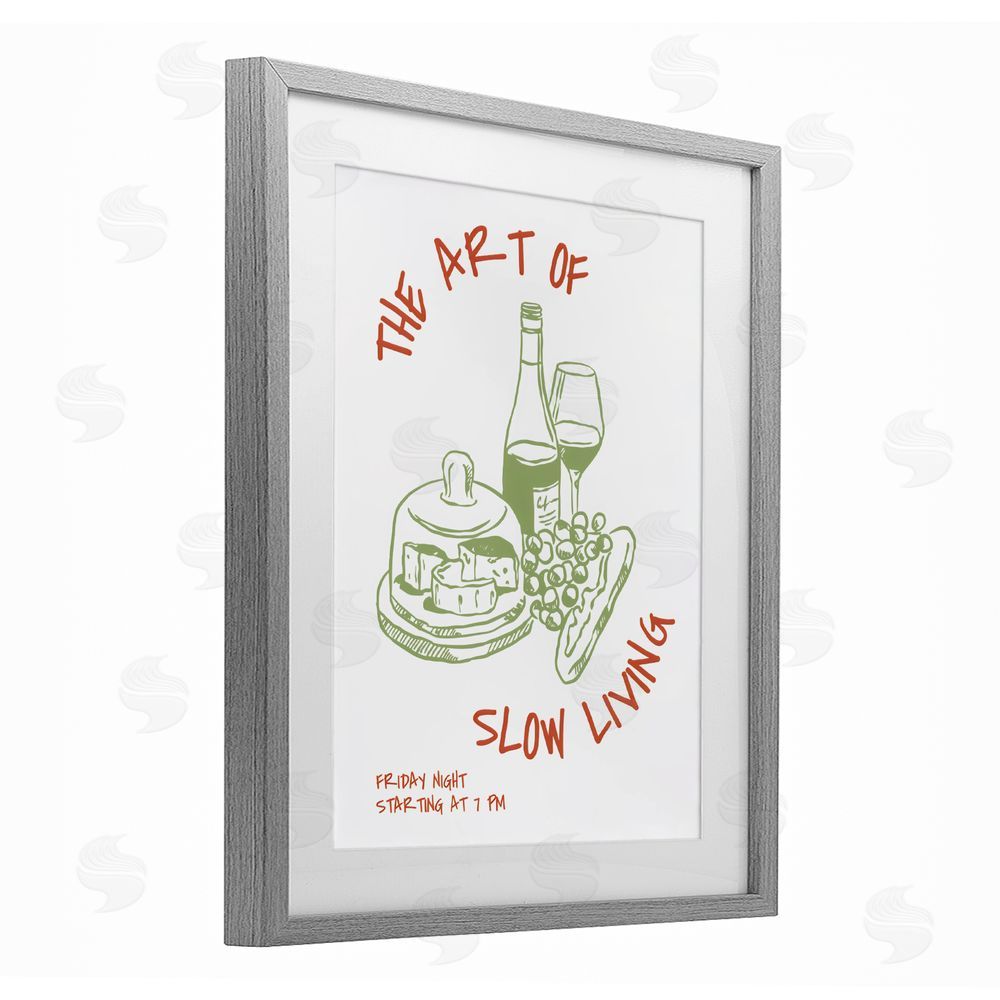 The Prints Vibe Slow Living Wine & Cheese Gray Framed Print Under Glass with White Mat Wall Art