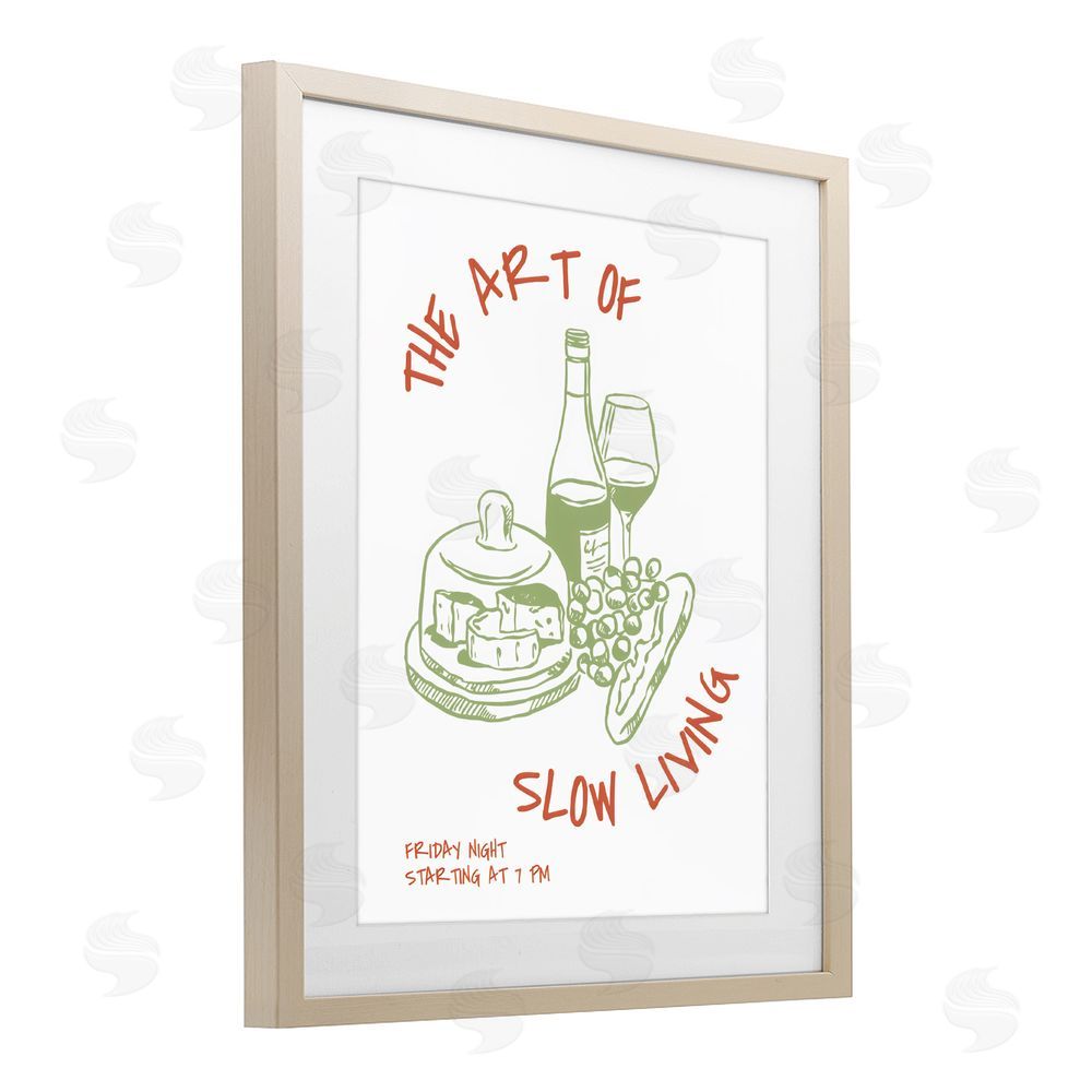 The Prints Vibe Slow Living Wine & Cheese Brown Framed Print Under Glass with White Mat Wall Art