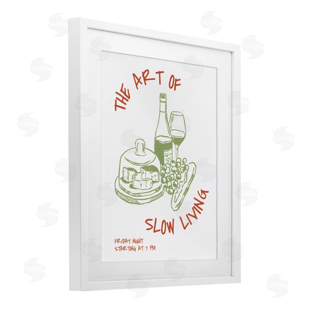 The Prints Vibe Slow Living Wine & Cheese White Framed Print Under Glass with White Mat Wall Art
