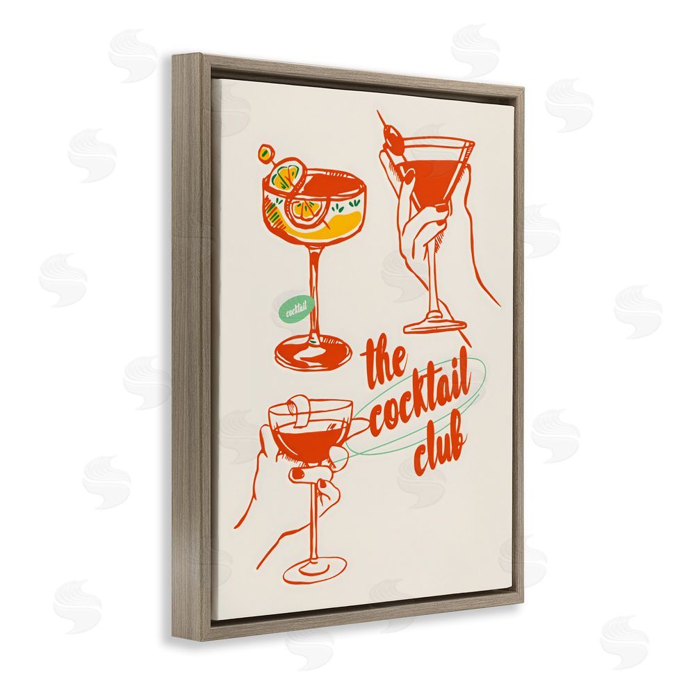 The Prints Vibe Cocktail Club Toasting Glasses Brown Floating Frame Canvas Wall Art Print