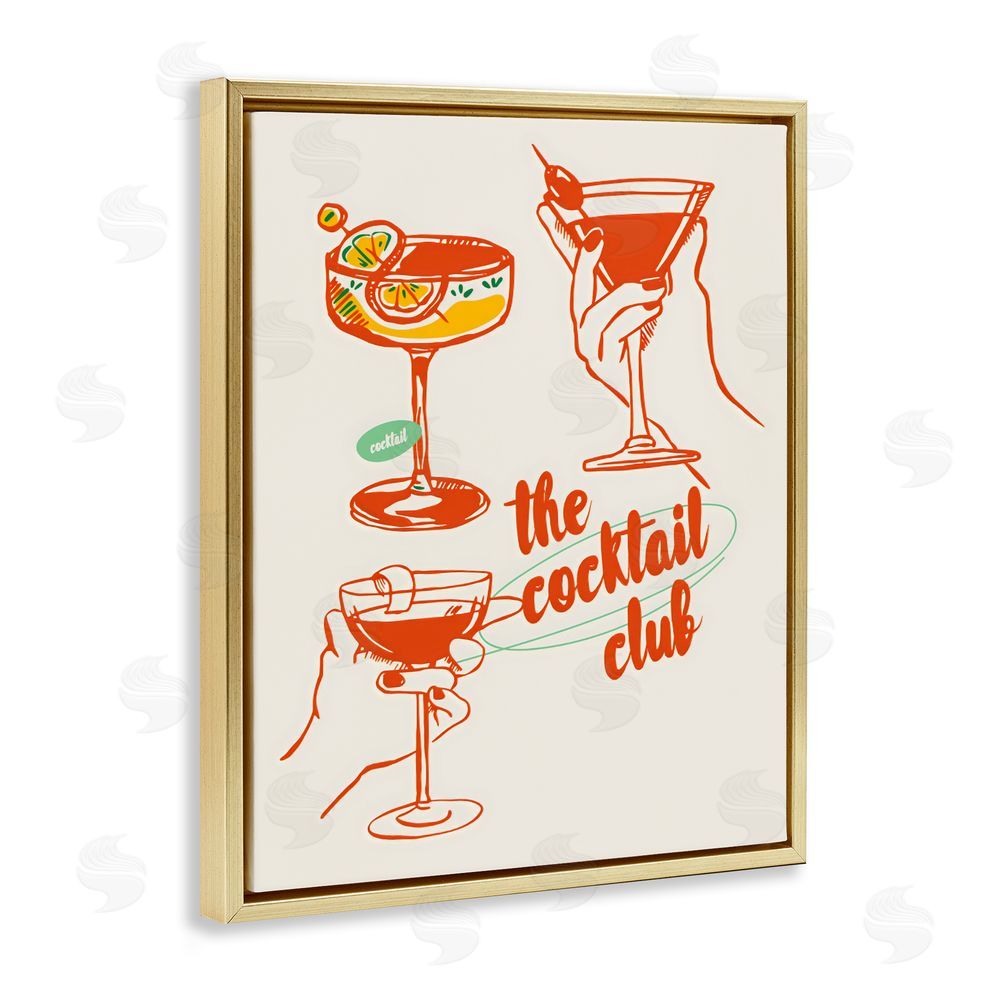 The Prints Vibe Cocktail Club Toasting Glasses Gold Floating Frame Canvas Wall Art Print