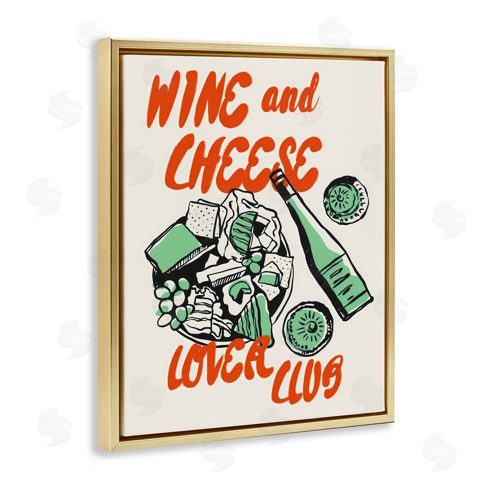 The Prints Vibe Wine & Cheese Lover Club Gold Floating Framed Canvas Wall Art Print