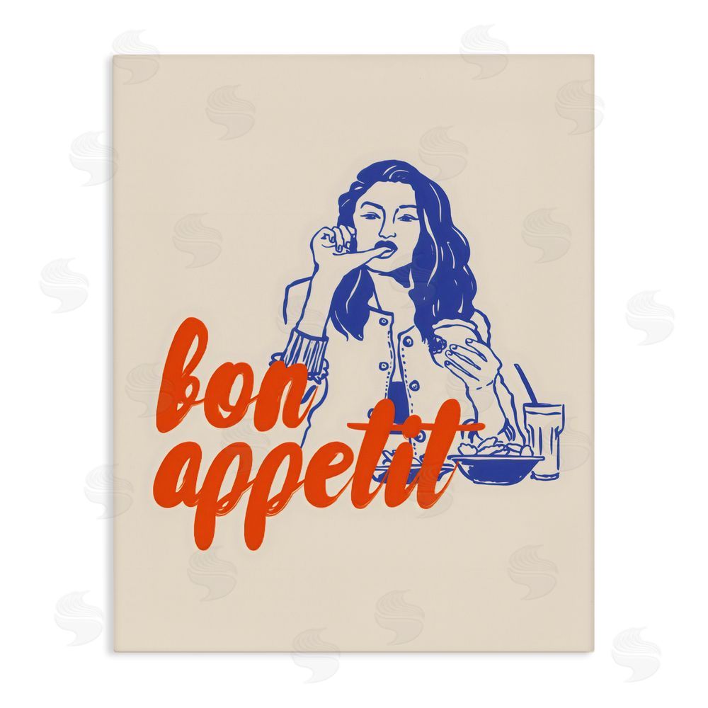 The Prints Vibe Bon Appetit Woman Enjoying Meal Stretched Canvas Wall Art Print