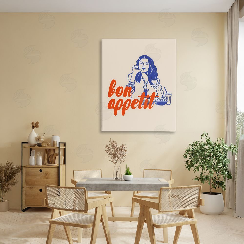 The Prints Vibe Bon Appetit Woman Enjoying Meal Stretched Canvas Wall Art Print in Room