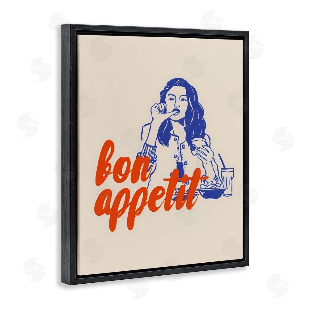 The Prints Vibe Bon Appetit Woman Enjoying Meal Black Floating Frame Stretched Canvas Wall Art Print