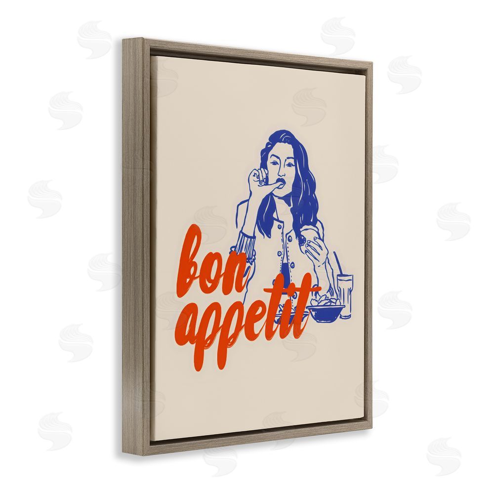 The Prints Vibe Bon Appetit Woman Enjoying Meal Brown Floating Frame Stretched Canvas Wall Art Print