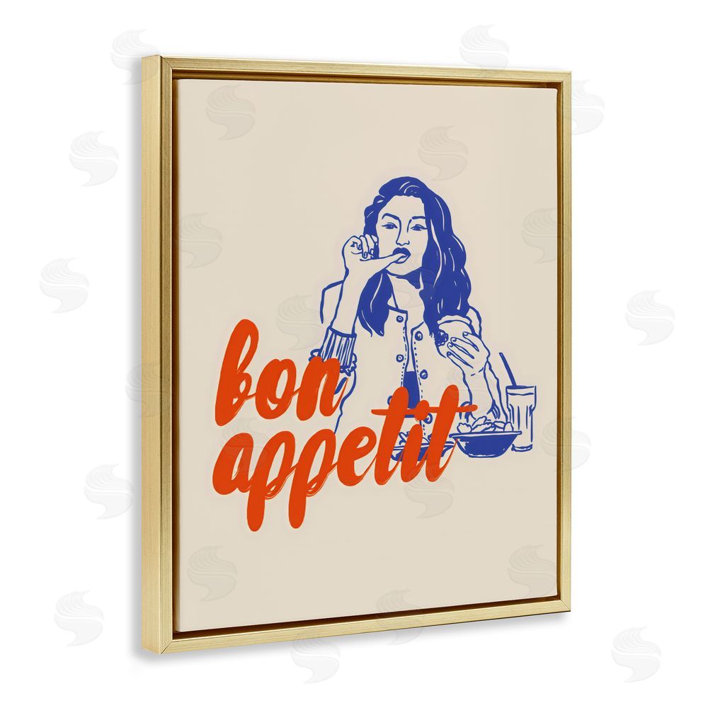 The Prints Vibe Bon Appetit Woman Enjoying Meal Gold Floating Frame Stretched Canvas Wall Art Print