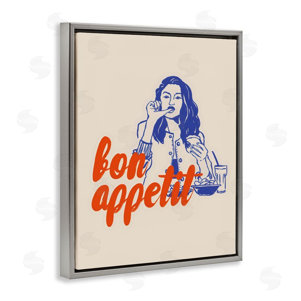 The Prints Vibe Bon Appetit Woman Enjoying Meal Gray Floating Frame Stretched Canvas Wall Art Print