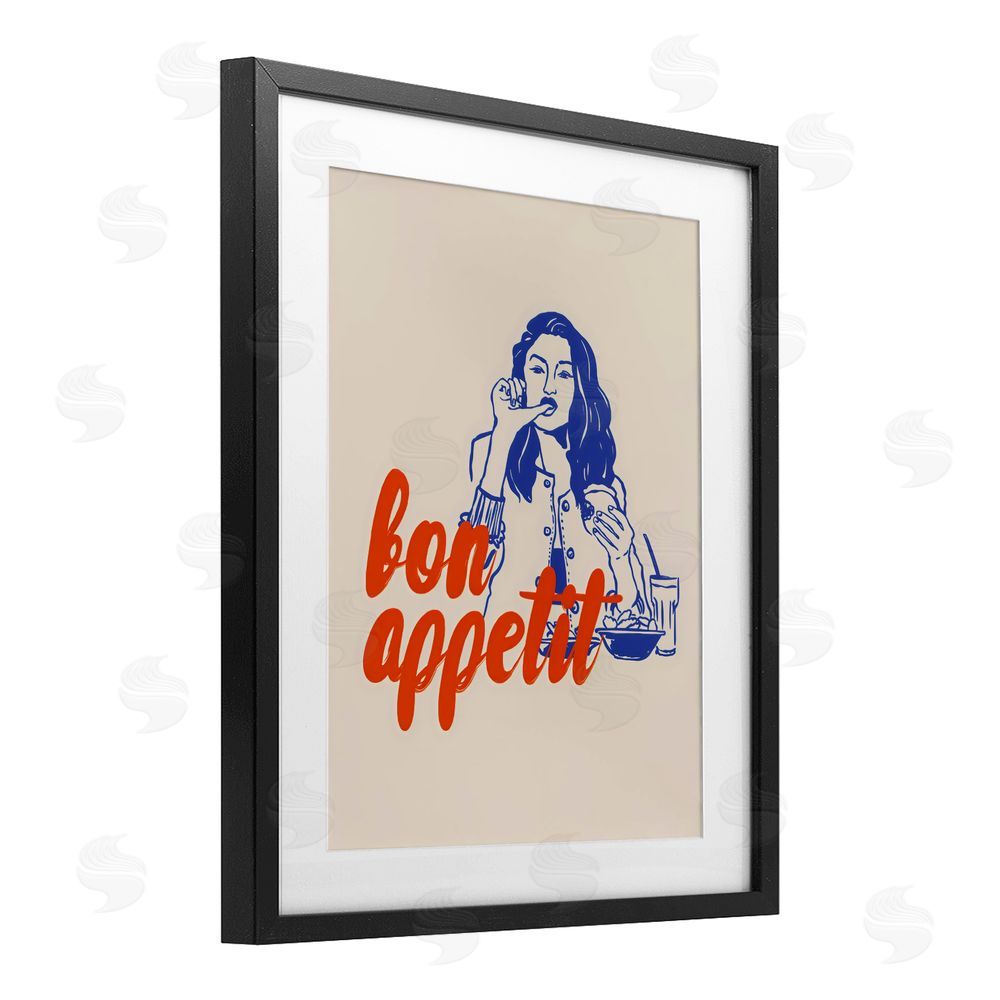 The Prints Vibe Bon Appetit Woman Enjoying Meal Black Framed Print Under Glass with Matting Wall Art