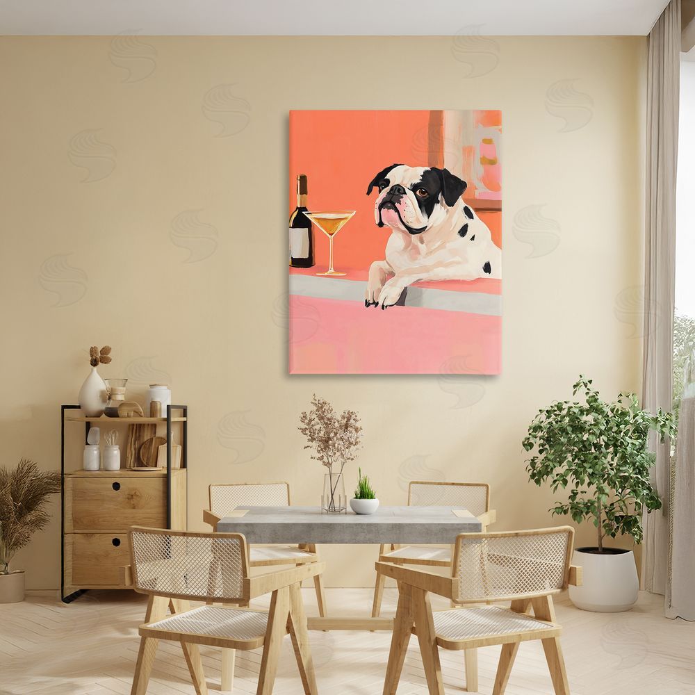 The Prints Vibe Bulldog at Martini Lounge Stretched Canvas Wall Art Print in Room