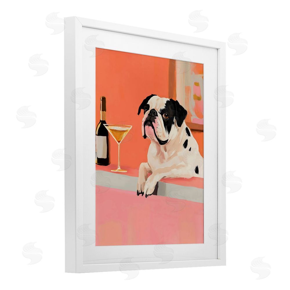 The Prints Vibe Bulldog at Martini Lounge White Framed Print Under Glass with Matting Wall Art