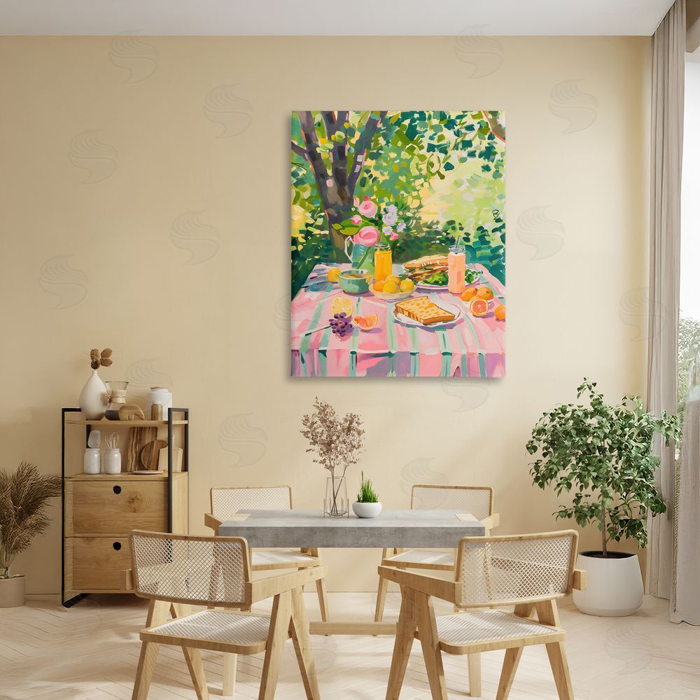 The Prints Vibe Breakfast Picnic in Garden Stretched Canvas Wall Art Print in Room
