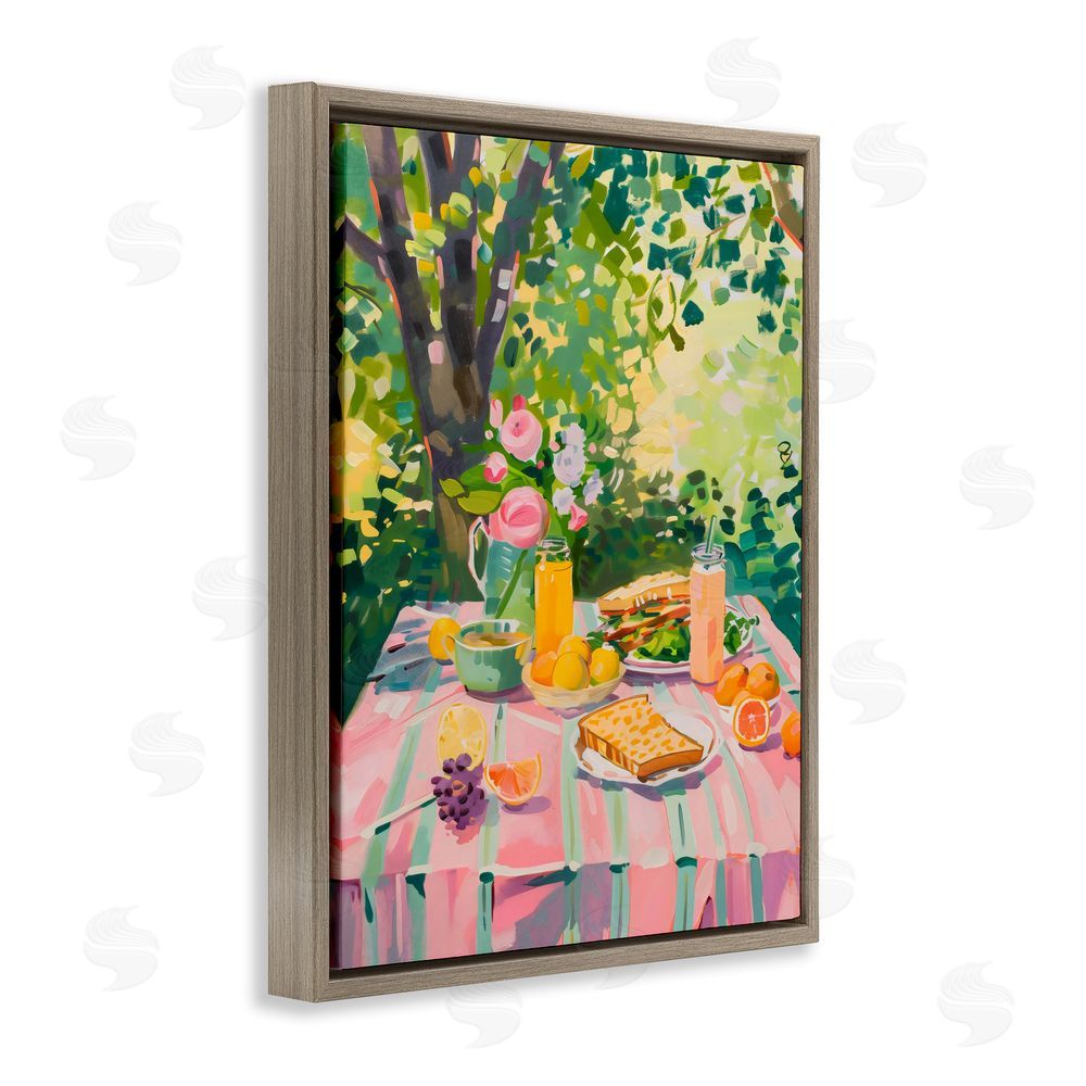 The Prints Vibe Breakfast Picnic in Garden Brown Floating Frame Stretched Canvas Wall Art Print
