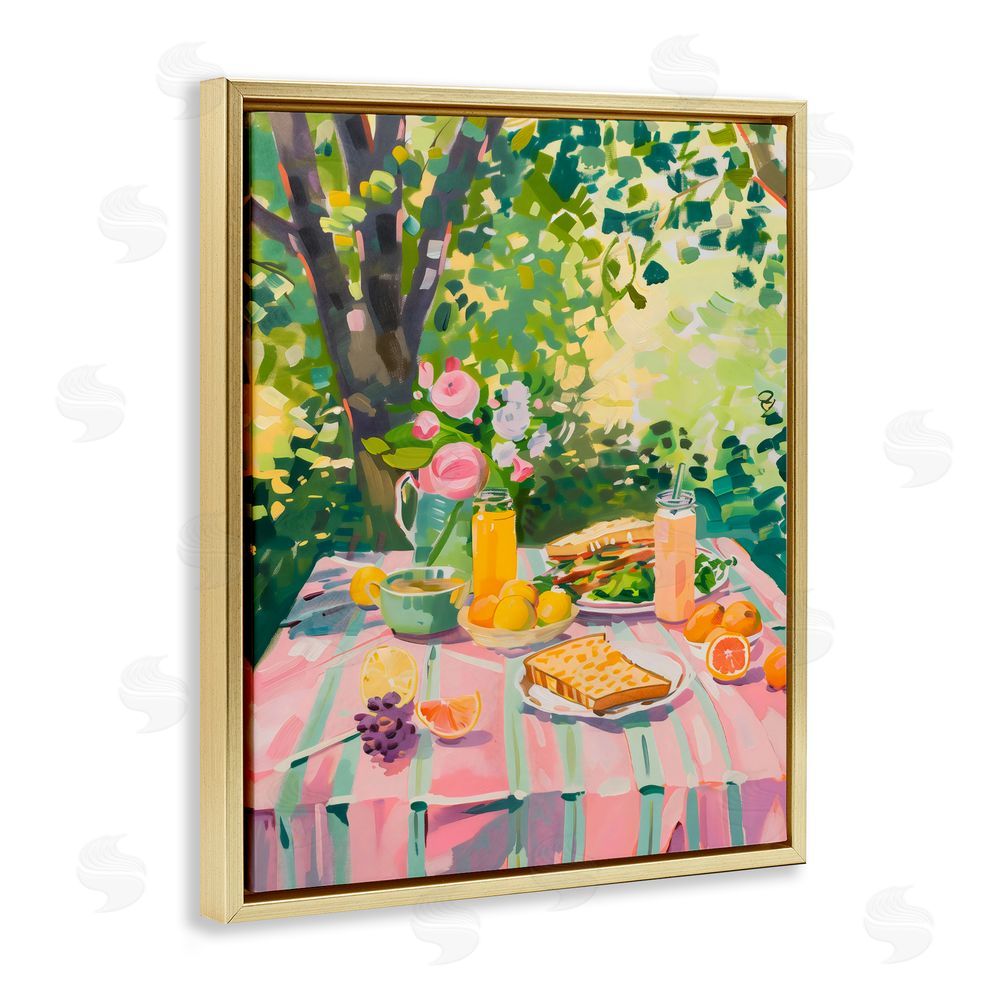 The Prints Vibe Breakfast Picnic in Garden Gold Floating Frame Stretched Canvas Wall Art Print