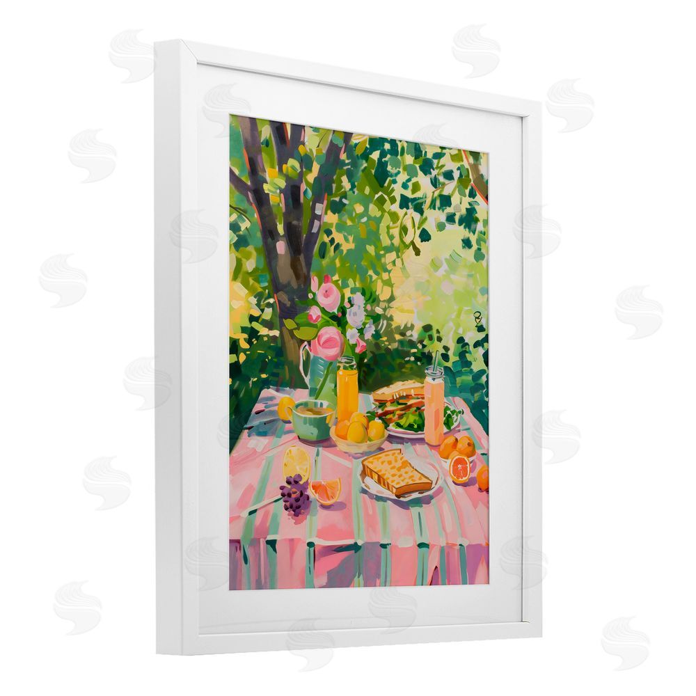The Prints Vibe Breakfast Picnic in Garden White Framed Print Under Glass with Matting Wall Art