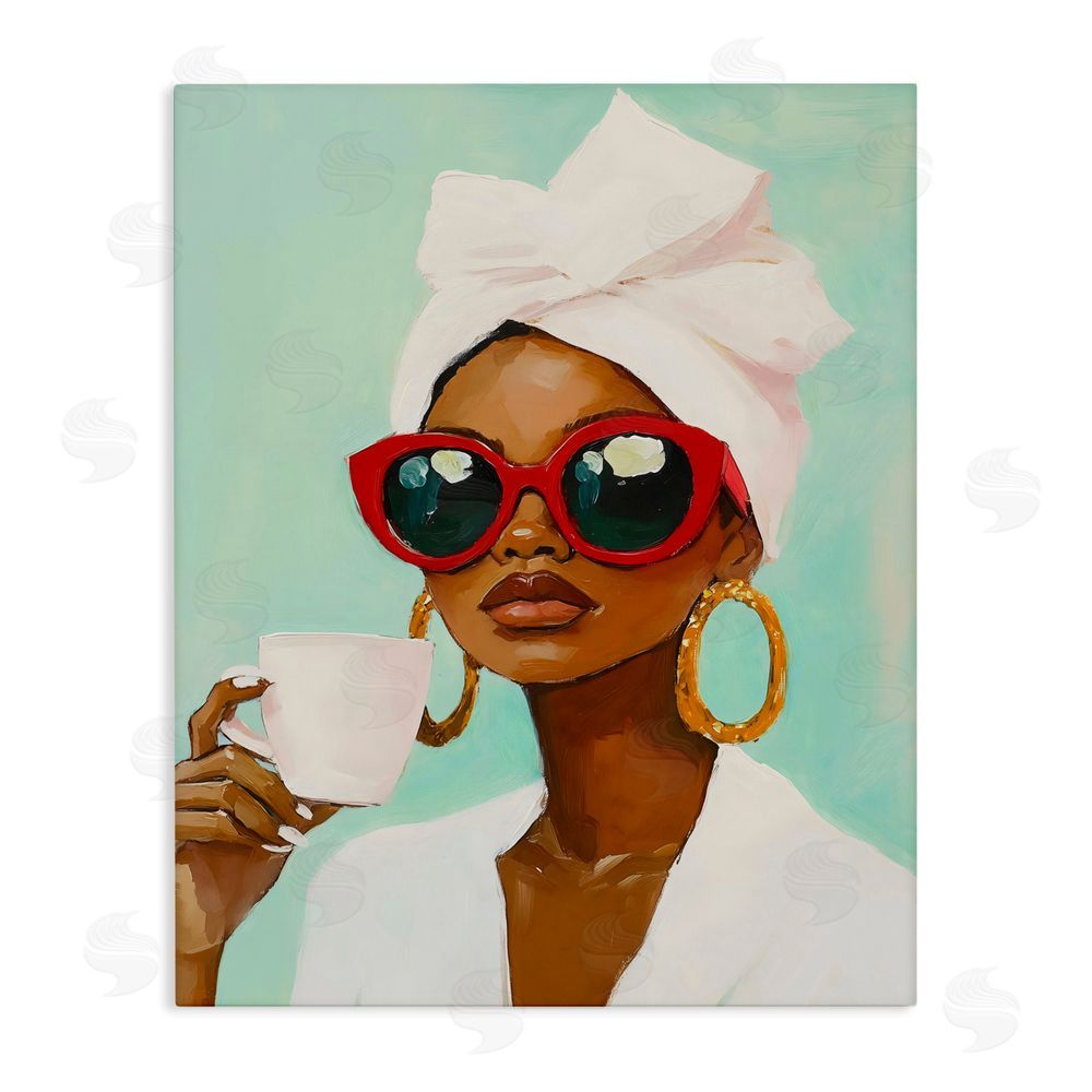 The Prints Vibe Coffee Lover in Red Sunglasses Stretched Canvas Wall Art