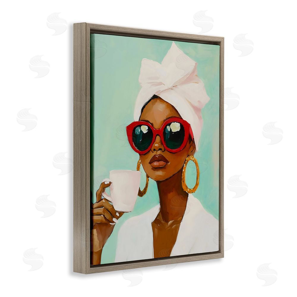 The Prints Vibe Coffee Lover in Red Sunglasses Brown Floating Frame Canvas Wall Art Print