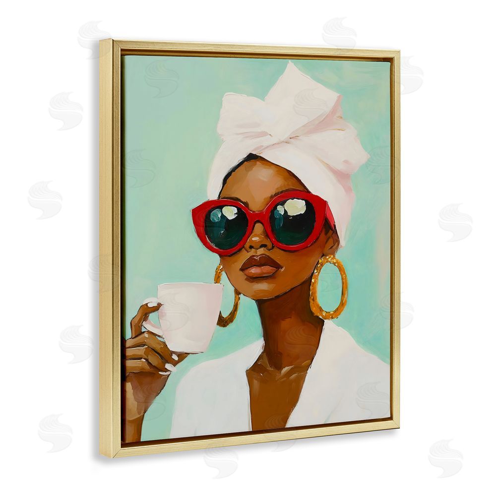 The Prints Vibe Coffee Lover in Red Sunglasses Gold Floating Frame Canvas Wall Art Print