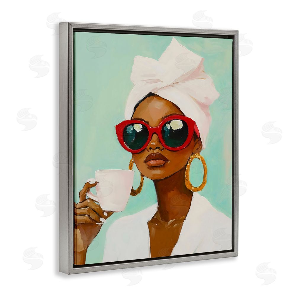 The Prints Vibe Coffee Lover in Red Sunglasses Gray Floating Frame Canvas Wall Art Print